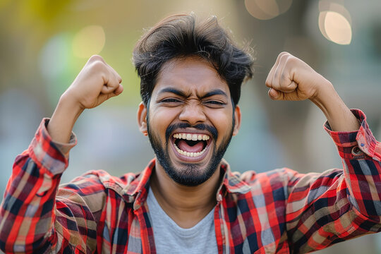 Generative AI Image of Indian Man with Happy Expression Raising Hands with Clenched Fists