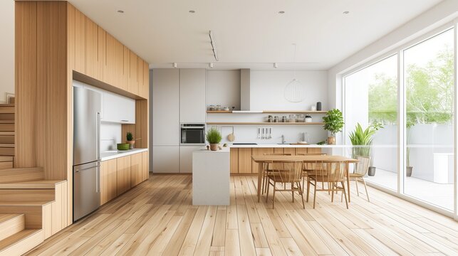 Minimalist kitchen with modern design, featuring a white interior, ideal for contemporary home settings.