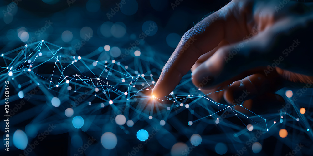 Poster a hand touches light points in the direction of a technology network and interconnected lines. symbo