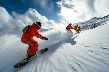 Fototapeta na wymiar Snowboarders In Colorful Snow Suits Race Down Mountain Under Dramatic Skies