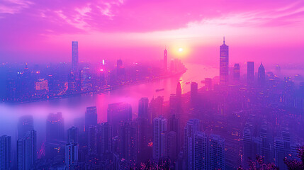 Fototapeta na wymiar futuristic cityscape glows under a purple and pink sky at sunset, creating a sci-fi inspired atmosphere