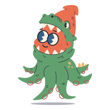 Cute squid in dinosaur costume vector cartoon character illustration isolated on a white background.
