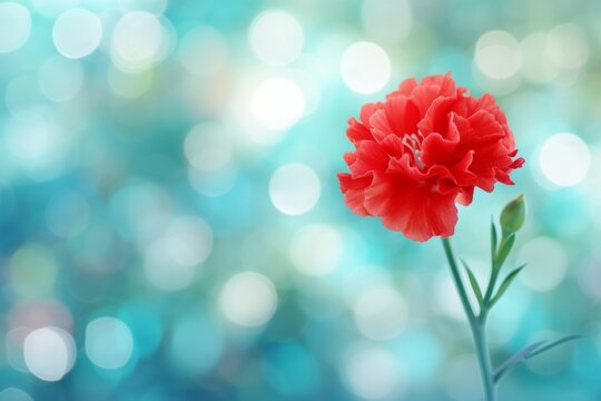 Vibrant Red Carnation Pops Against Dreamy Bokeh Backdrop, Allowing Room For Text