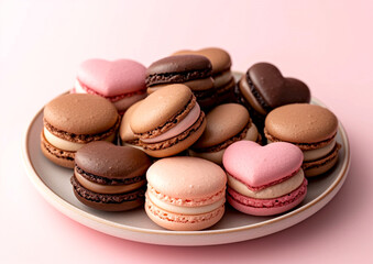 Fototapeta premium heart shaped macaroons in plate on a wooden table, valentine bakery