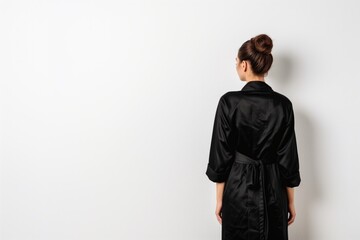 Obraz na płótnie Canvas Woman In Black Bathrobe Fulllength On White Background