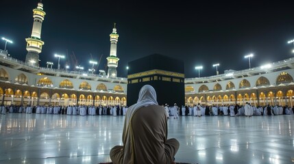 A Hajj pilgrim looks at the majestic Kaaba in the middle of the Grand Mosque complex, surrounded by thousands of pilgrims, creating an atmosphere full of solemnity and tranquility. AI Generated Images - obrazy, fototapety, plakaty