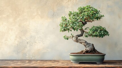 Photo of an eye-catching bonsai tree with detailed small leaves and neatly cut branches, placed on a wooden table with a neutral colored wall background, Ai generated Images