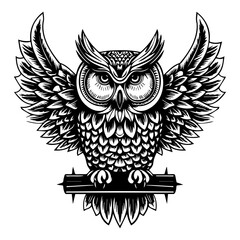 owl round emblem with ribbon, banner illustration
