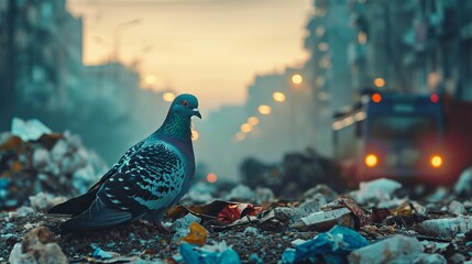 Urban Pigeon Amidst City Garbage Depicting Pollution - Habitat Loss