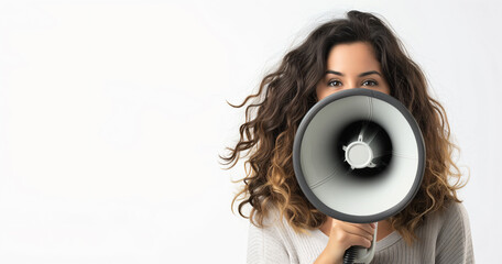 A woman holding a megaphone, promoting, discounting, protesting - obrazy, fototapety, plakaty
