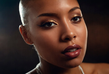 Portrait of a beautiful bald young African American woman in close-up with clean fresh skin - obrazy, fototapety, plakaty
