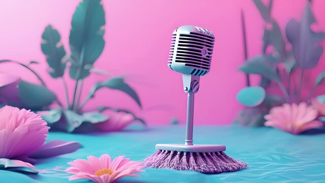 A broom using its handle as a microphone belting out a pionate cleaningthemed song while its teammates look on in amut.