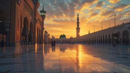 courtyard of the Prophet's Mosque in Medina at sunset, stunning golden orange color, Ai Generated Images