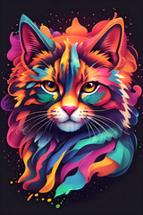 A quality vector art of a minimalistic (neon line logo) depicting a tessellated geometric cat surrounded by vibrant smoke effects on a white background, (vectorized), symmetrical, (multicolored