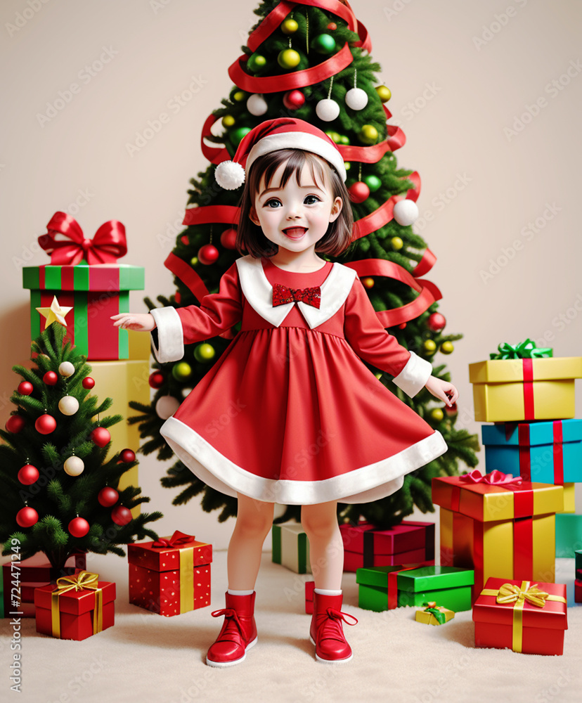 Wall mural little girl with christmas gifts