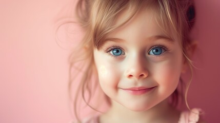 Close-up of a cheerful toddler girl  on a pink background.