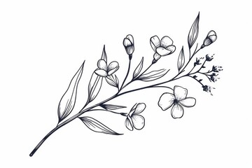 Hand drawn floral branch and minimalist flowers for logo or tattoo on white background