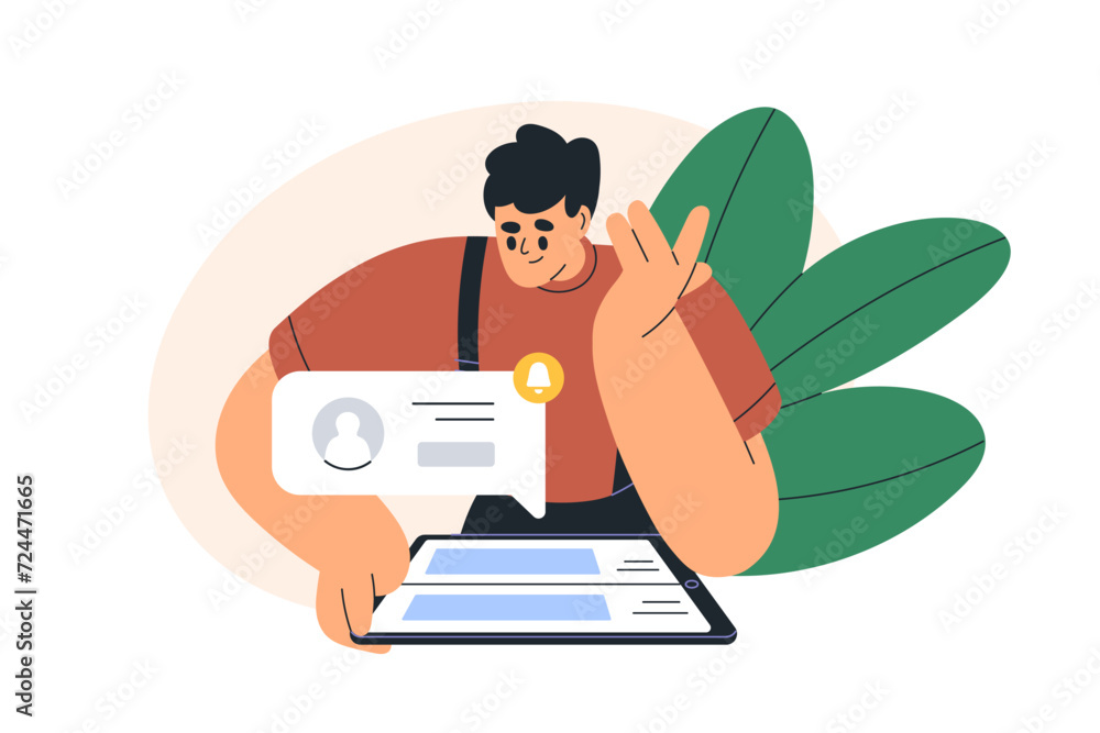 Poster Person receiving message notice. Incoming SMS notification. Man using internet messenger on tablet computer. Online communication concept. Flat graphic vector illustration isolated on white background