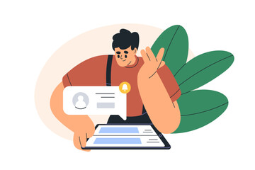 Person receiving message notice. Incoming SMS notification. Man using internet messenger on tablet computer. Online communication concept. Flat graphic vector illustration isolated on white background