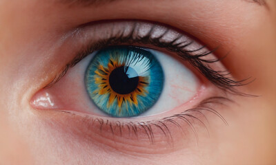 Close-up of human blue eye with pupil.