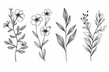 Fototapeta na wymiar Hand drawn floral branch and minimalist flowers for logo or tattoo on white background
