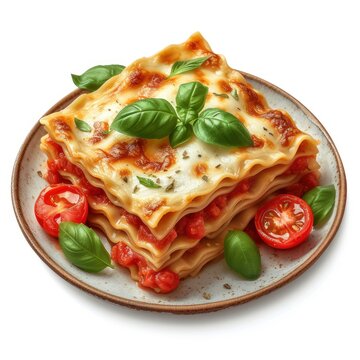 recommend clip art: Portion Italian Lasagna Fresh Basil Tomatoes On White Background, Illustrations Images