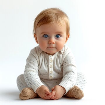 Portrait Adorable Infant Baby Girl Sitting On White Background, Illustrations Images