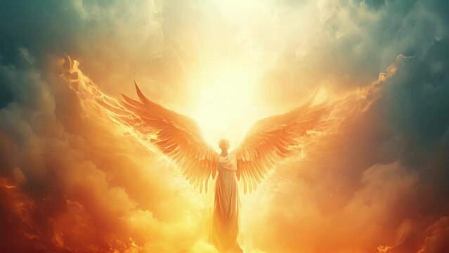 A triumphant angel with fiery wings arms outstretched towards the heavens as they proclaim victory over evil.