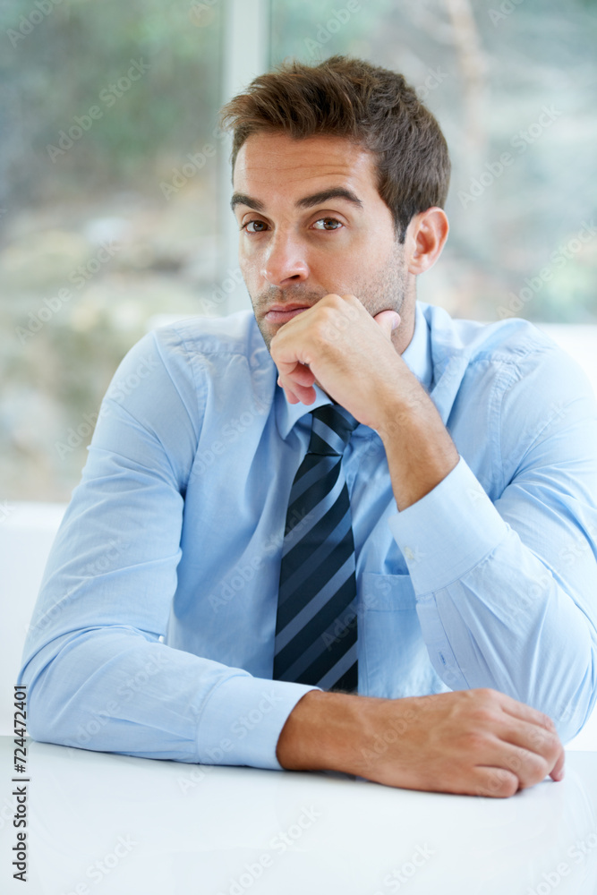 Poster portrait, thinking and business with man, solution and ideas with problem solving, entrepreneur or c