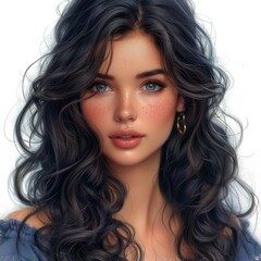 Naklejka premium Portrait Cute Brunette Girl Beautiful Curly On White Background, Illustrations Images