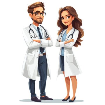 Portrait Cute Two Doctors On White Background, Illustrations Images