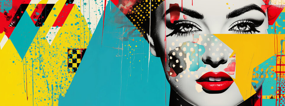 Fototapeta Modern Pop art collage. Beauty woman panorama.