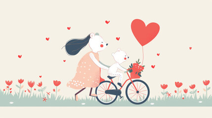 Mom bear teaches little bear ride a bike. Happy mother day. Postcard
