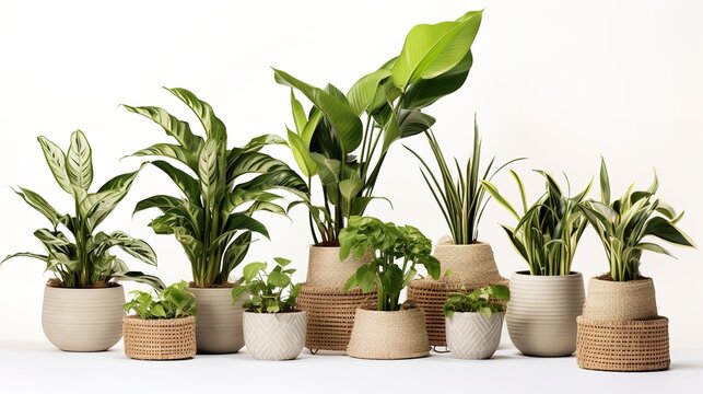 3D digital render of plant in baskets and pots isolated on white background, generative ai