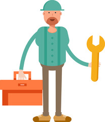 Beard Man Character Holding Toolbox and Wrench
