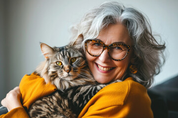Happy senior lady hug cat on. Human and pet.