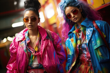 Fototapeta premium Two Women in Brightly Colored Clothing Standing Together