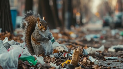 Squirrel on City Garbage: A Stark Illustration of Pollution Affecting Ecosystems