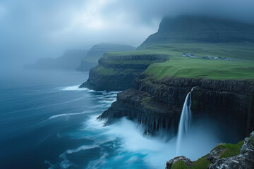 Sorvagsvatn Lake and Waterfall into the Ocean in Western Faroe Island
