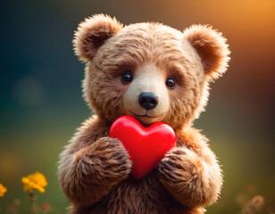 Brown Teddy Bear Holding Red Heart - Gift Of Love for Someone Special. An adorable brown teddy bear grasping a red heart-shaped symbol of love and affection.