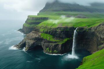 Sorvagsvatn Lake and Waterfall into the Ocean in Western Faroe Island