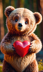 Fototapeta premium Brown Teddy Bear Holding Red Heart - Gift Of Love for Someone Special. An adorable brown teddy bear grasping a red heart-shaped symbol of love and affection.