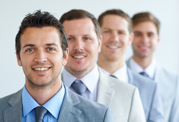 Business, portrait or men in office with support, trust or partnership, teamwork or collaboration. Leadership, smile or lawyer team face in solidarity for law firm startup, commitment or confidence