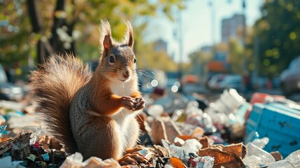 Ecosystem at Risk: Squirrel Navigating Garbage in a Polluted Urban Environment