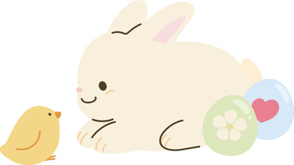Cute rabbit with easter egg and chick illustration vector