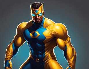 Fototapeta na wymiar Man superhero in a blue and yellow super hero costume