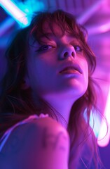 portrait of a girl enshrouded in neon night lights. The pink and blue hues highlight her contemplative expression