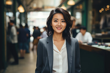 Fototapeta premium Woman in Business Suit Standing in Restaurant