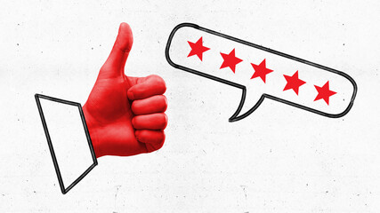 Modern aesthetic artwork. Hand in red filter shows thumbs up, like. Speech bulb with five red stars. Positive review. Concept of shopping, customer service management, support, brand reputation.