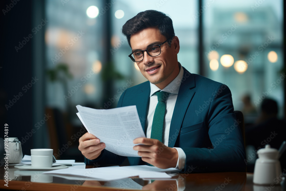 Poster man reading paper at table